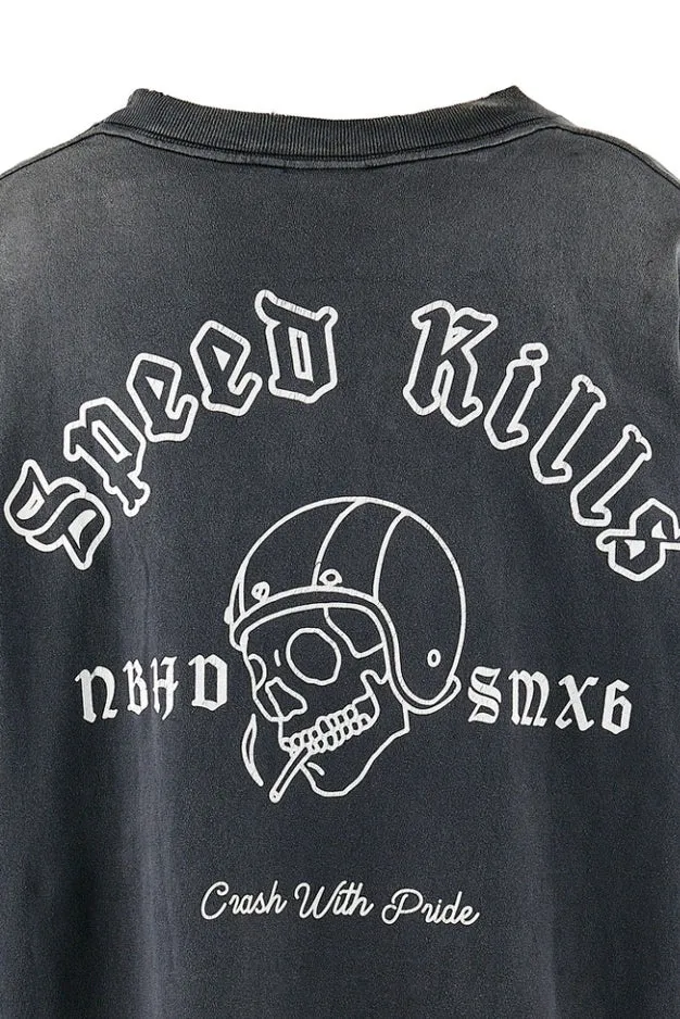 SAINT Mxxxxxx × NEIGHBORHOOD STHD . LS TEE SPEED KILLS/BLK Skull Helmet Long Sleeves Washed Black S-XL Cylindrical Cloth Ready-Made Assute Dyeing Heavy Washing Water Fading Handmade Splashed Ink Holes Simulate Natural Fading and Old Effects Correct Version Customized NBHD Co-branded Accessories Top Purchasing Level